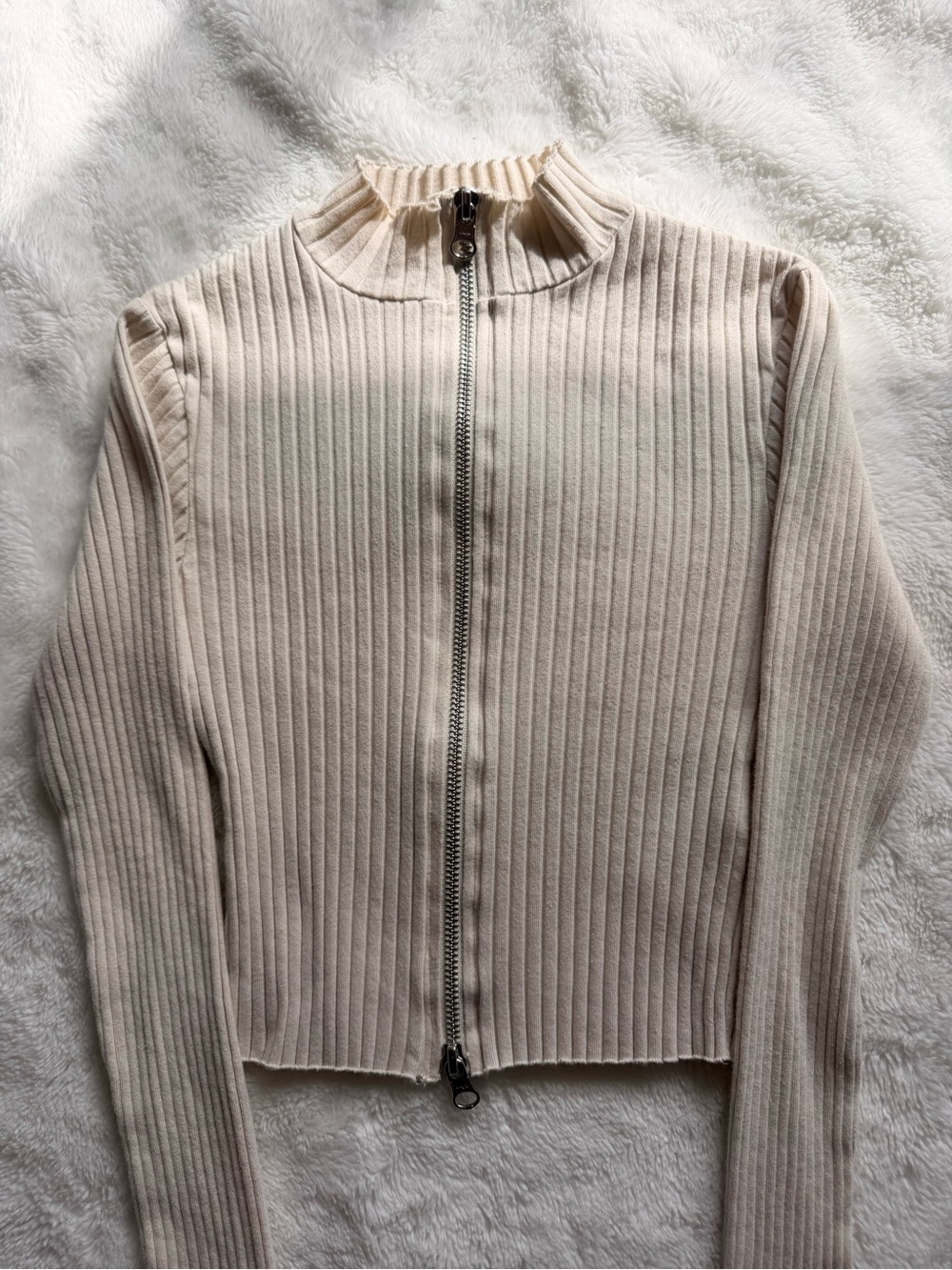 BDG Ribbed Zip-Front Crew Sweater in Light Cream